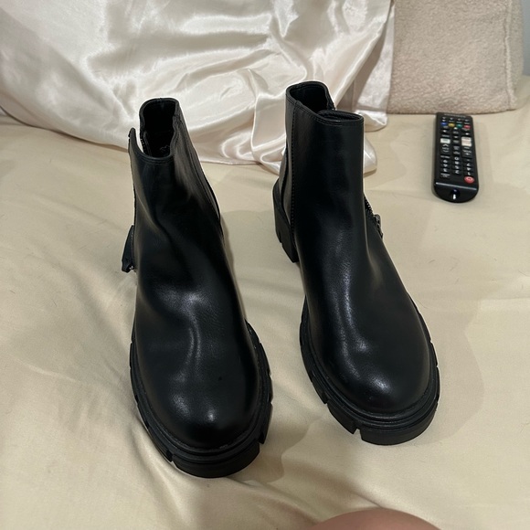 Faux Leather Black Ankle Combat Boots - Picture 1 of 6